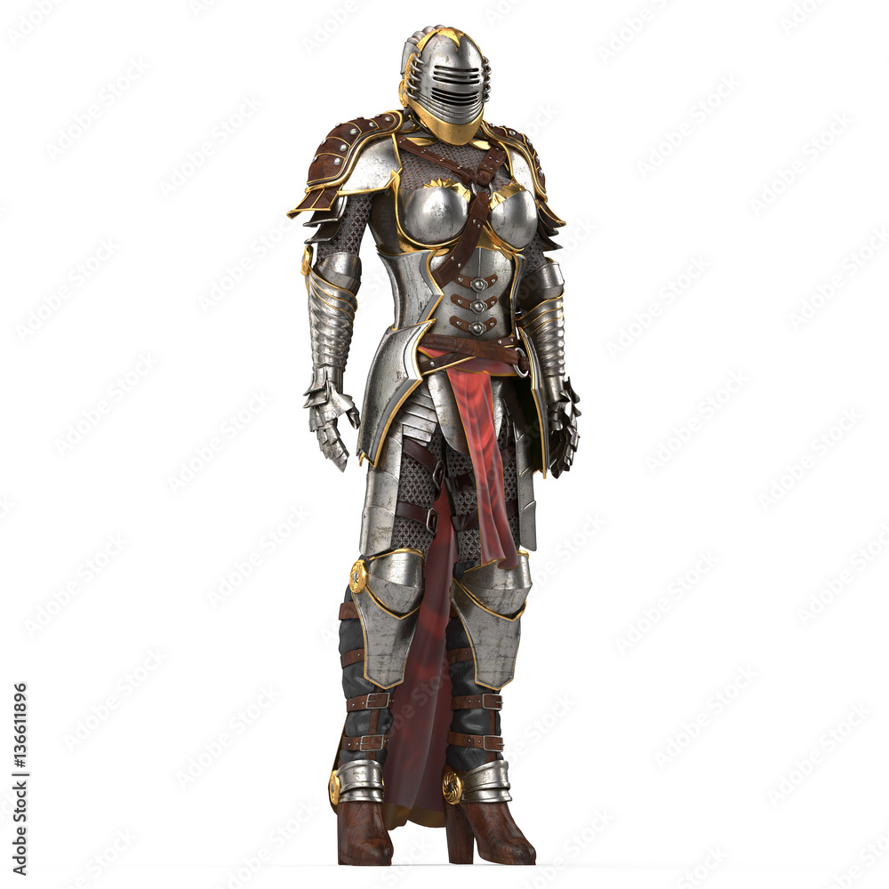 medieval armor of fantasy full of women with a closed helmet and red cape. isolated white background. 3d illustration medieval armor of fantasy full of women with a closed helmet and red cape. isolated white background. 3d illustration