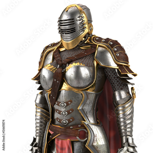 medieval armor of fantasy full of women with a closed helmet and red cape. isolated white background. 3d illustration