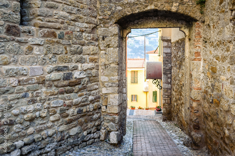 Fototapeta premium Ancient street in the Italian town of Ventimiglia.