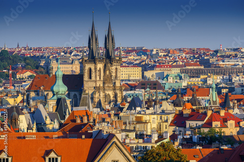 Aerial view on historic Prague and view on kostel of Our Lady before Tyn, Prague, Czech Republic