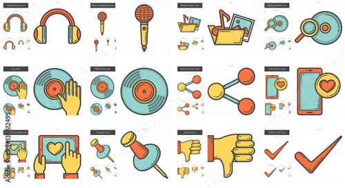 Media line icon set.