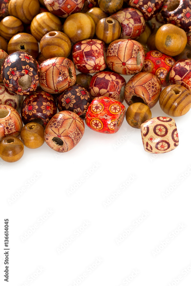 colorful wooden beads isolated on white background