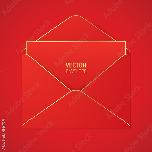 Red vector envelope template. Red opened envelope with golden elements, lying on a red background. Realistic mockup.