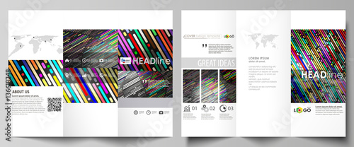 Tri-fold brochure business templates on both sides. Easy editable vector layout in flat design. Colorful background made of stripes. Abstract tubes and dots. Glowing multicolored texture.