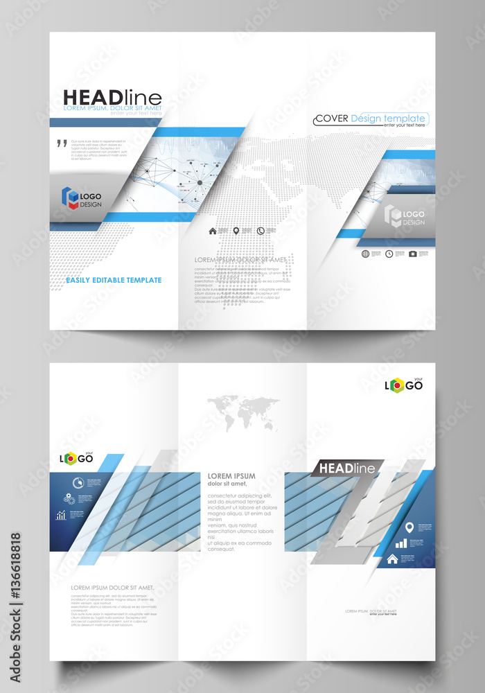 Tri-fold brochure business templates. Easy editable vector layout. Blue color abstract design infographic background in minimalist style with lines, symbols, charts, diagrams and other elements.