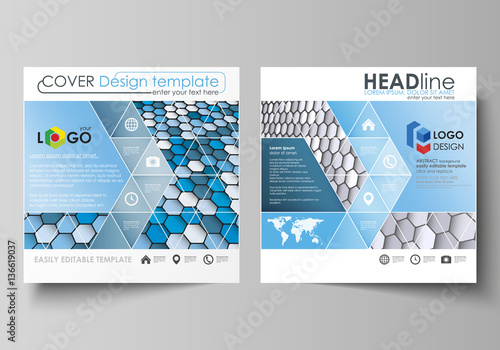 Business templates for square design brochure, magazine, flyer, annual report. Leaflet cover, vector layout. Blue and gray color hexagons in perspective. Abstract polygonal style modern background.