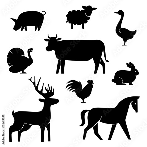 Set of butchery logotype templates. Cartoon farm animals with sample text. Retro styled toy   black silhouettes collection for meat stores  groceries  packaging and advertising. butcher block design. 
