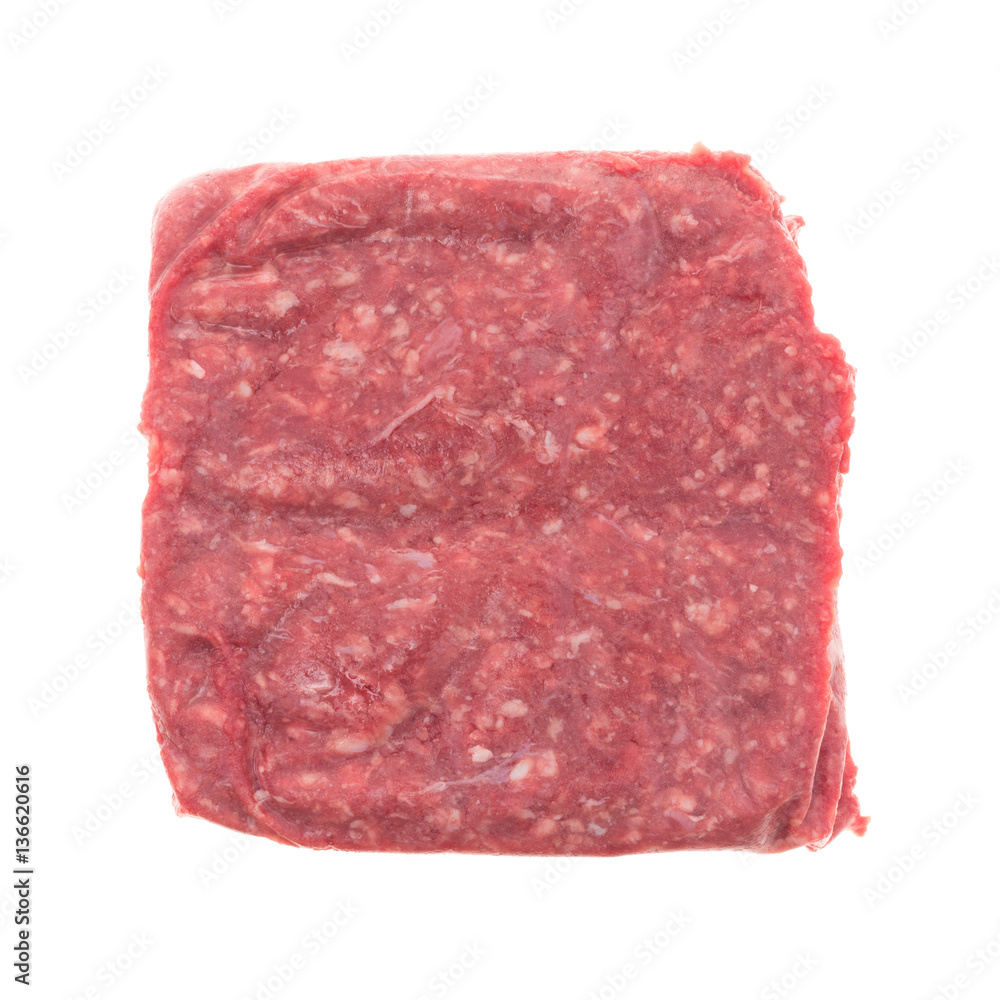 Lean ground packaged beef top view isolated on a white background. Lean ground packaged beef top view isolated on a white background.