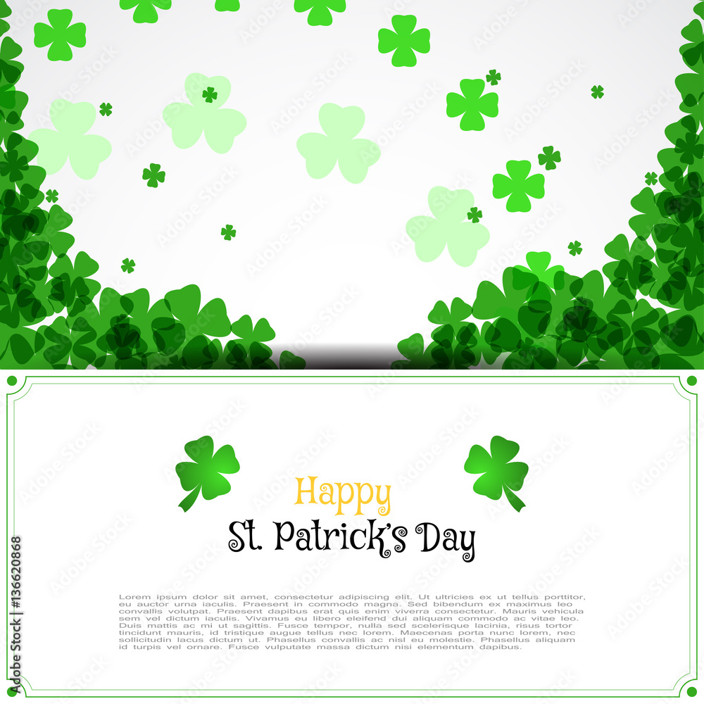 Vector Happy St. Patrick's Day envelope on the white background with text and clover leaves arranged in a circle and at corners.
