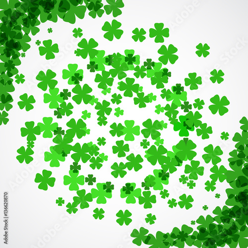 Vector Happy St. Patrick's Day poster on the white background with clover leaves arranged in a circle and at corners.