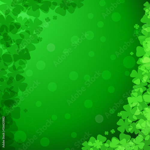 Vector abstract gradient green background for Happy St. Patrick's Day with clover leaves arranged at corners.