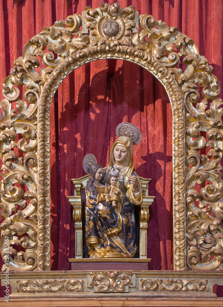 CORDOBA, SPAIN - MAY 26, 2015: The carved polychrome baroque statue of st. Ann in church of Monastery of st. Ann and st.Joseph (Convento de Santa Ana y San Jose).
