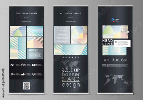 Roll up banner stands, abstract style templates, modern business concept, corporate vertical vector flyers, flag layouts. Minimalistic design with lines, geometric shapes forming beautiful background.