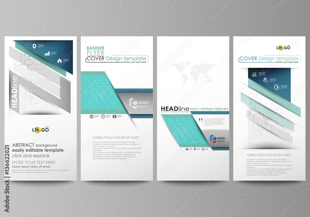 Flyers set, modern banners. Business templates. Cover design template, abstract vector layouts. Chemistry pattern, hexagonal molecule structure on blue. Medicine, science and technology concept.
