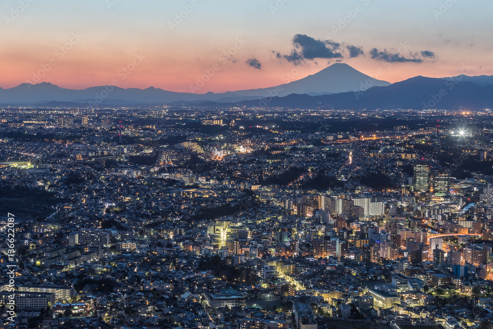 Yokohama city and Mt.Fuji in winter evening