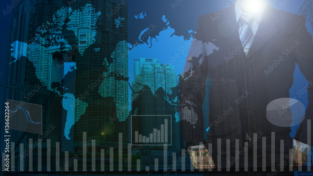Obraz premium Double exposure businessman stand up with cityscape and financia