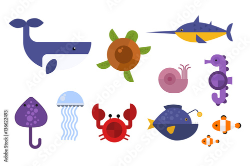Sea animals marine life character vector illustration.