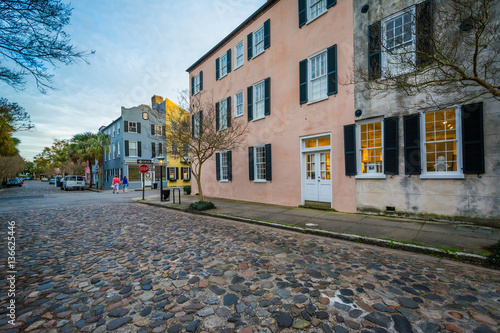 Cobblestone street and old buildings in Charleston, South Caroli