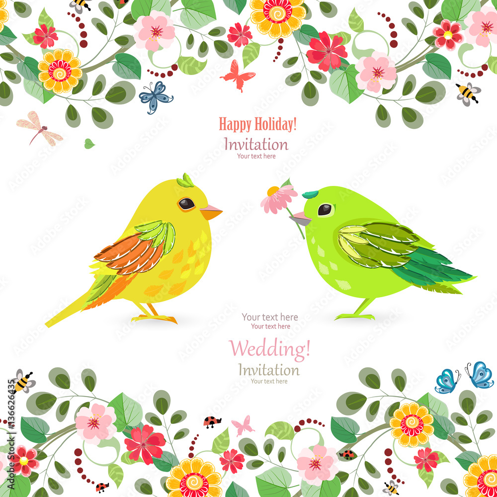 invitation card with colorful birds for your design