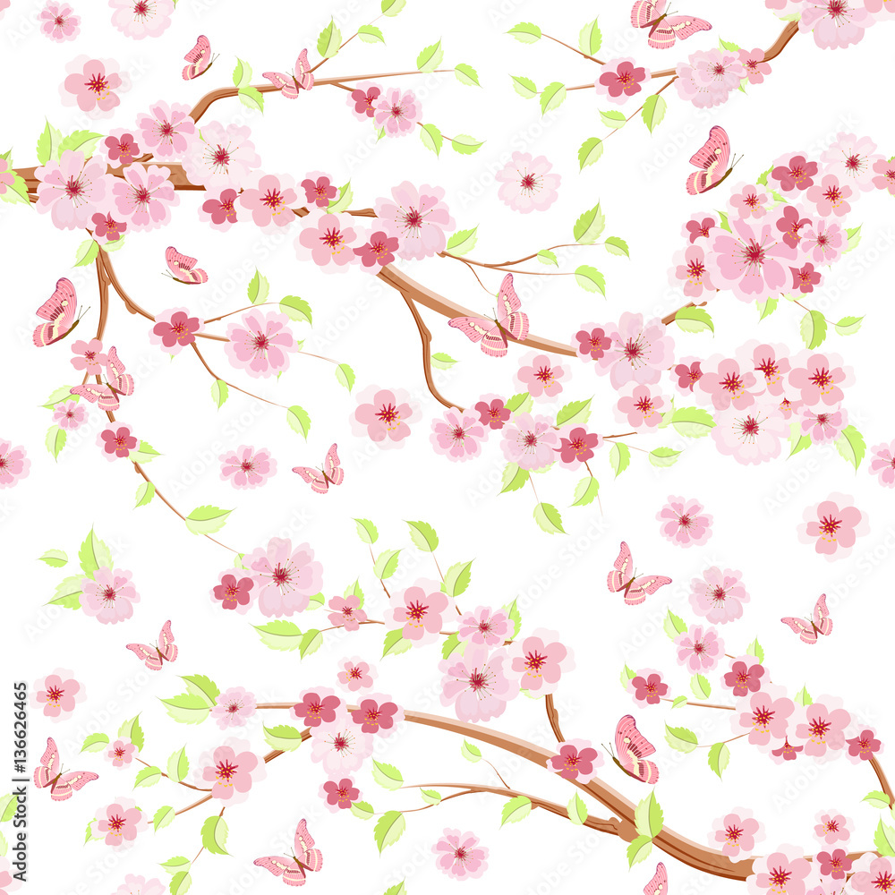 branches blossom of cherry and butterflies. seamless texture for