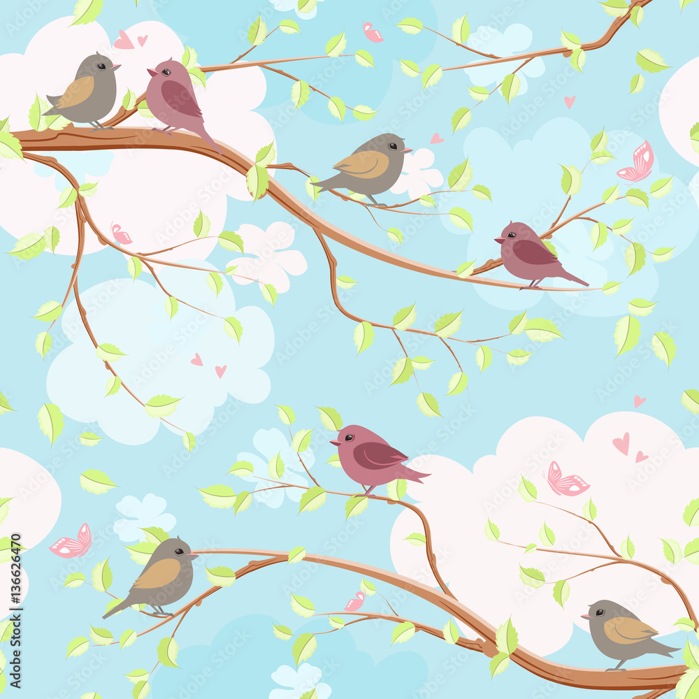 seamless texture with cute birds in spring forest