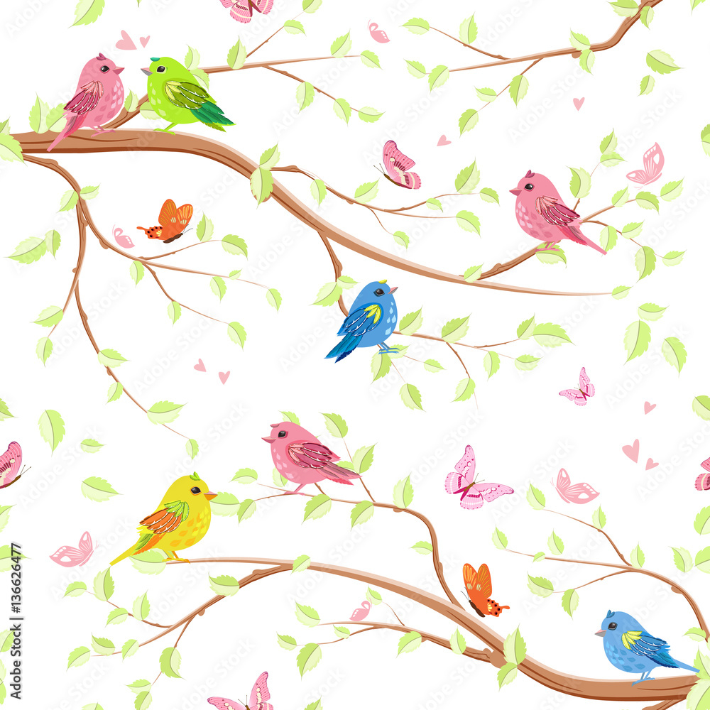 seamless texture with enamored birds on trees