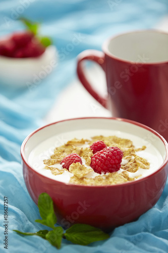 Milk Breakfast with a raspberry