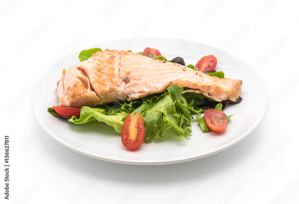 grilled salmon steak on white