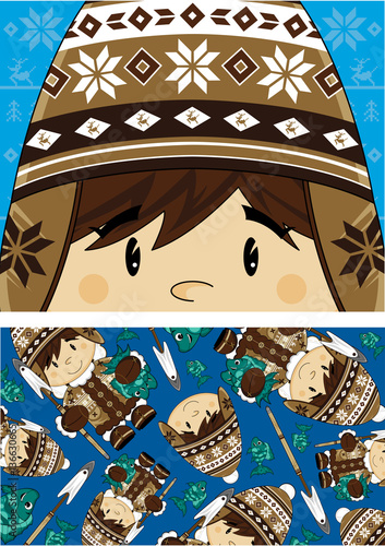 Cute Wooly Hat Inuit Boy Cartoon Illustration