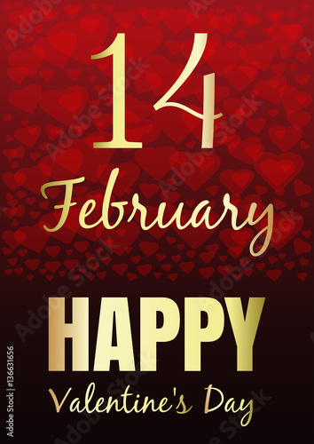 Valentine's Day card. Romantic design. Holiday greeting date and inscription on a red abstract background made up of hearts. 14 February. Vector illustration