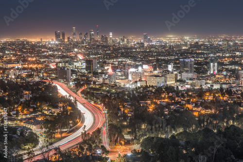 Night View of US 101  Hollywood  and Downtown Los Angeles from Hollywood Bowl Overlook