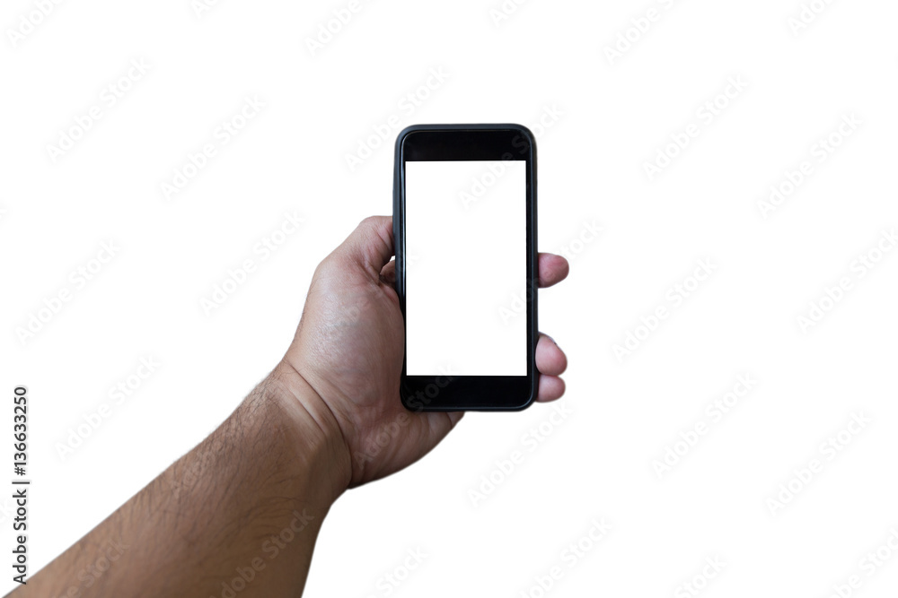 man hand holding mobile phone on white background man hand holding mobile phone on white background