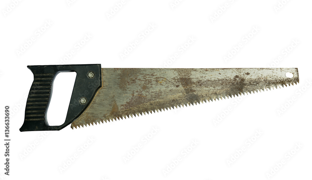 Small rusty saw with black plastic handle on the white backgroun Small rusty saw with black plastic handle on the white backgroun