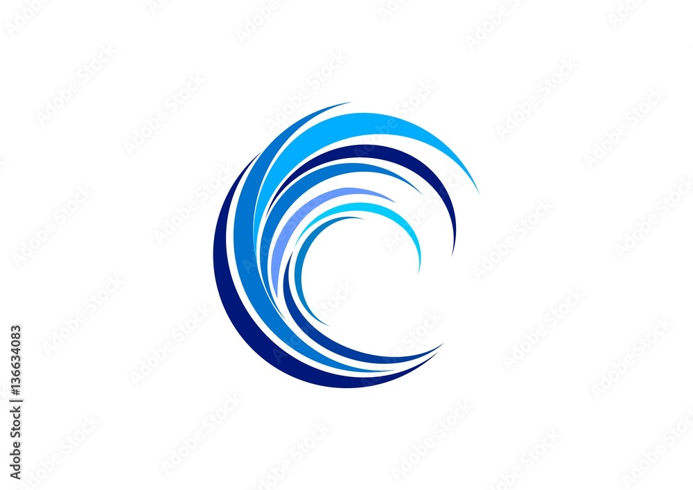 wave circle logo, swirl blue waves water symbol icon, letter C elements