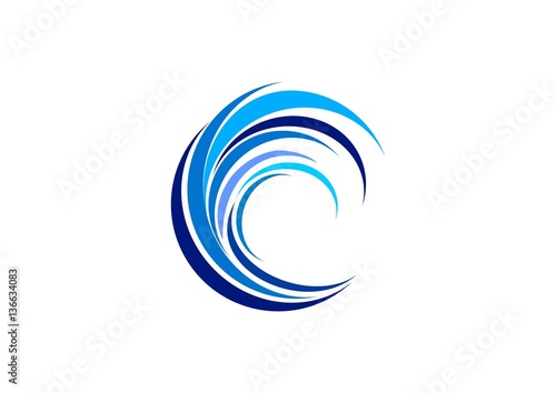 wave circle logo, swirl blue waves water symbol icon, letter C elements wave vector design template