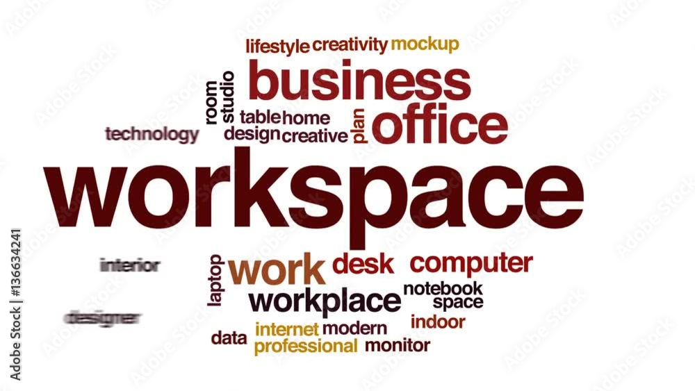 Workspace animated word cloud, text design animation. Workspace animated word cloud, text design animation.