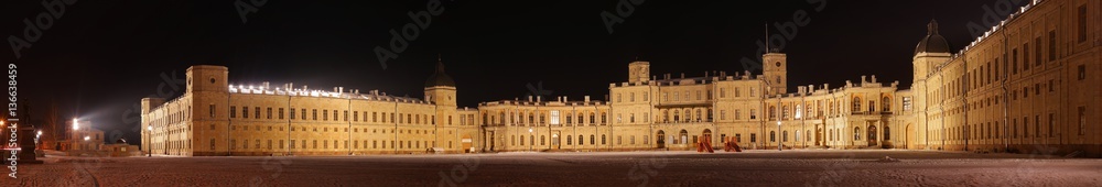 Gatchina Palace. Panorama Palace and Square. Night Photography. Russia.