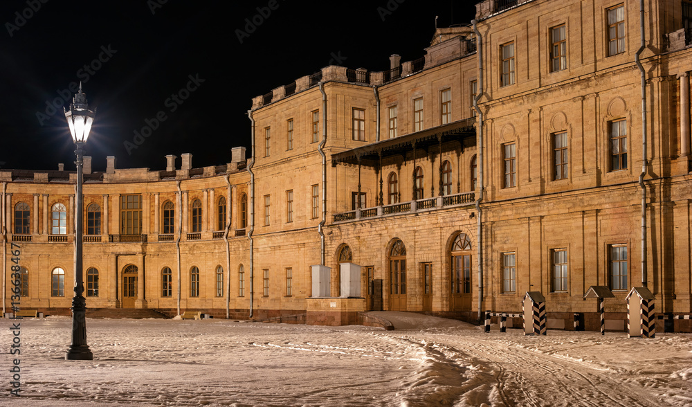 Gatchina Palace. Entrance to the right wing. Night Photography. Russia.