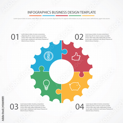 Business infographics. Timeline with 4 steps, gears, cogwheels.