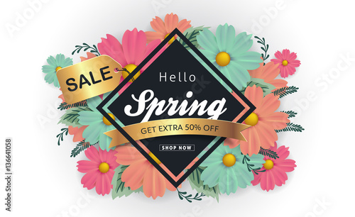 Spring sale background with beautiful colorful flower. Vector illustration.banners.Wallpaper.flyers, invitation, posters, brochure, voucher discount.