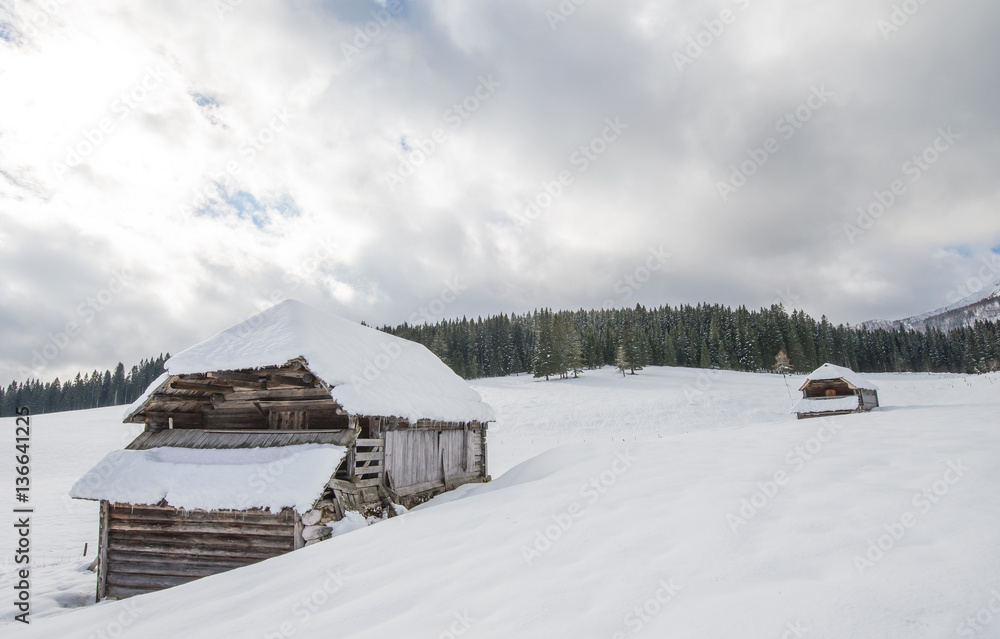 Old traditional shepherd cottage on alpine meadow during winter
