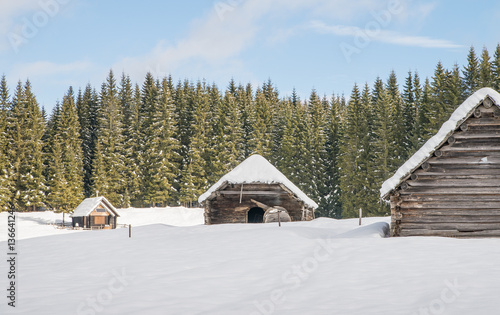 Old traditional shepherd cottage on alpine meadow during winter © Olja