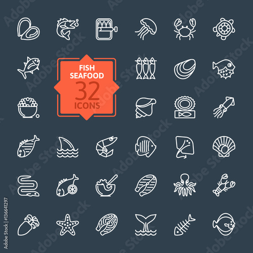 Fish and seafood - outline icon collection  vector