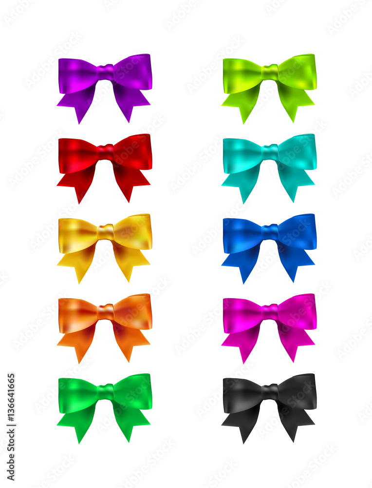 Collection of silk realistic colored bows with ribbons. Set of ...