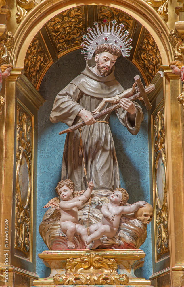 SEGOVIA, SPAIN, APRIL - 14, 2016: The carved polychrome baroque statue of St. Francis of Asissi in church Monasterio de San Antonio el Real by unknown artist of 17. cent.