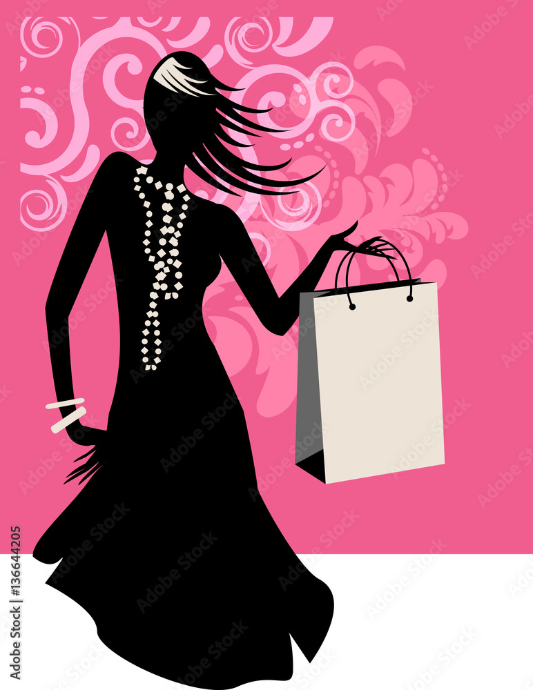 Fashion silhouette in catwalk and runway for shopping on decor background and shopper with place for text Fashion silhouette in catwalk and runway for shopping on decor background and shopper with place for text