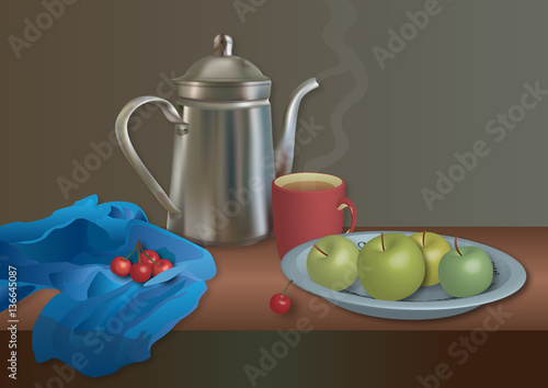 still life with apples and cherries