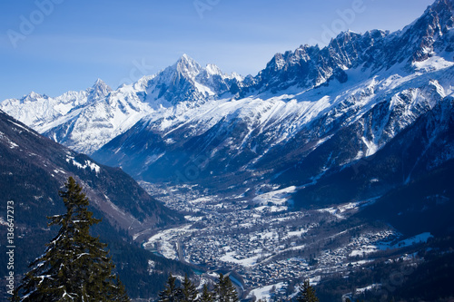 Panorama of Chamonix valley in winter from Prarion, Les Houches, France photo