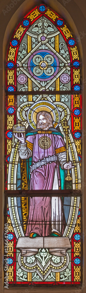BANSKA STIAVNICA, SLOVAKIA - FEBRUARY 5, 2015: The St. Stephen king of Hungary on the windowpane in st. Elizabeth church from 19. cent.