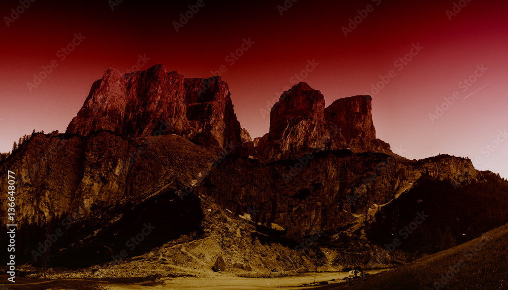 Rocky Mountains at sunset. Dolomite Alps, Italy